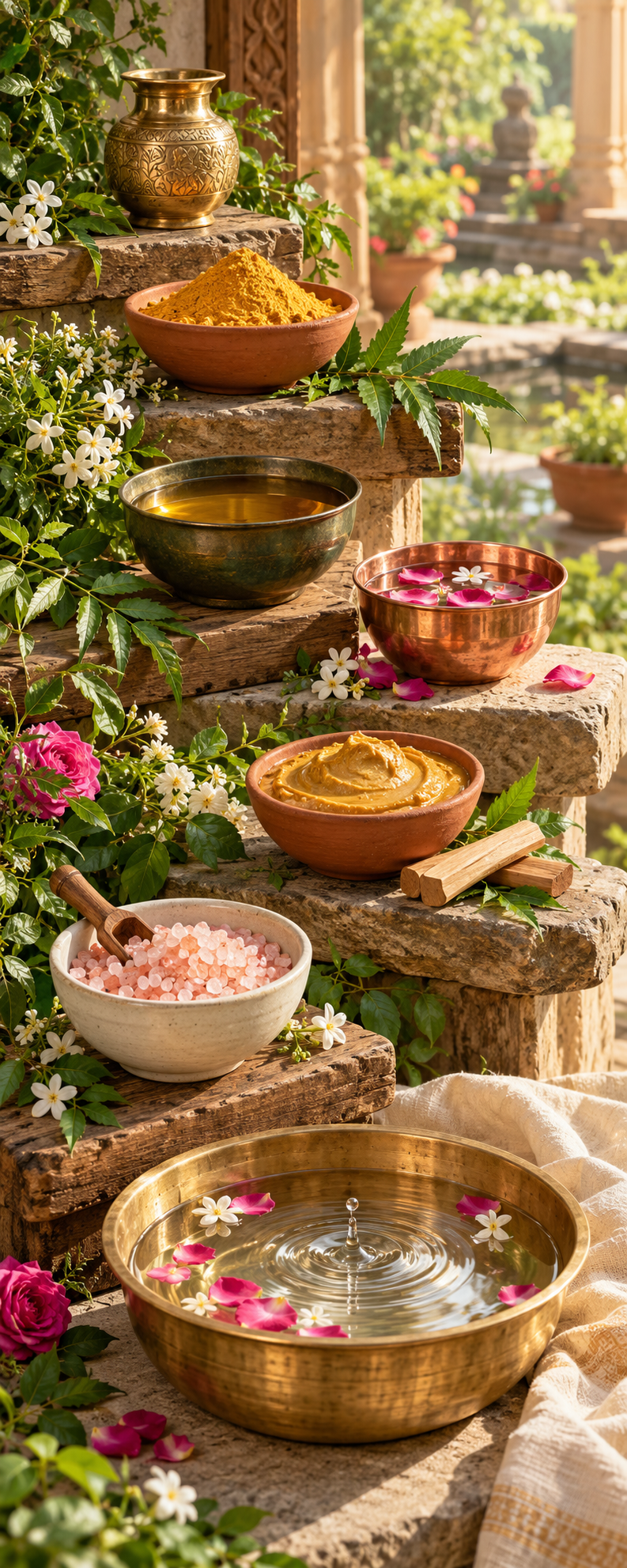 Ayurvedic-inspired self-care ingredients including bath salts, ubtan, oils and bath drops, arranged in bowls with flowers and greenery